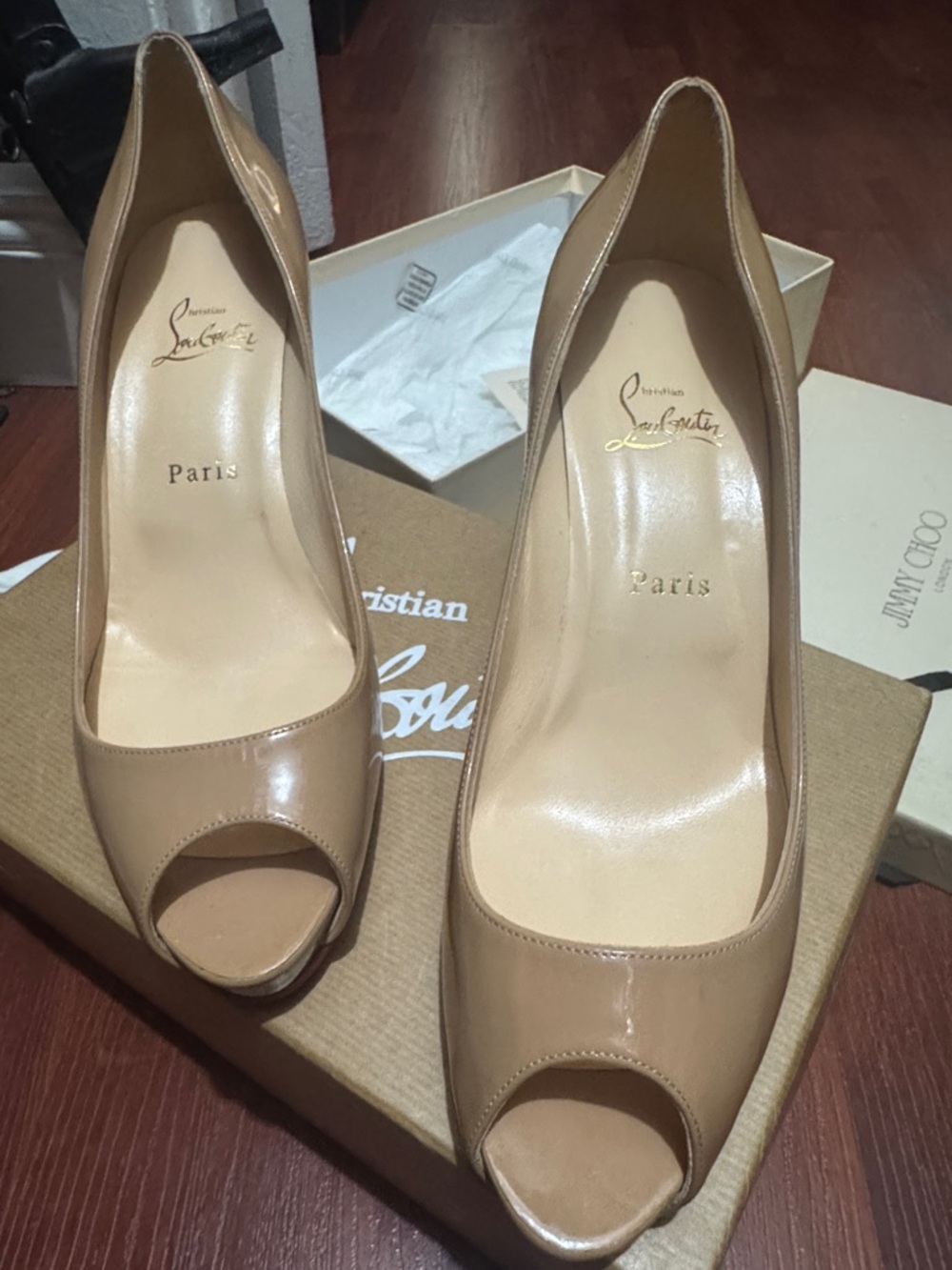 Christian Louboutin Nude Patent Peep-Toe Pumps - Beige Patent